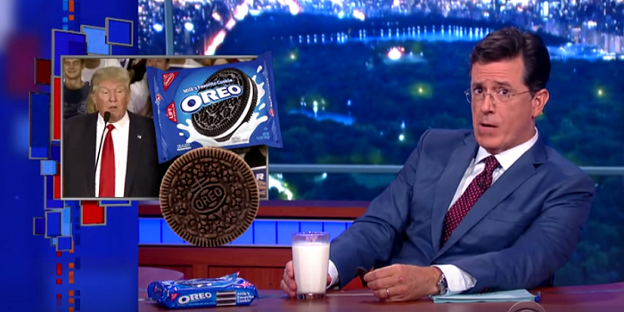 Stephen Colbert pokes fun at Donald Trump’s comments regarding Mondelez moving their Oreo factory to Mexico during the first week of The Late Show with Stephen Colbert. Source: screenshot