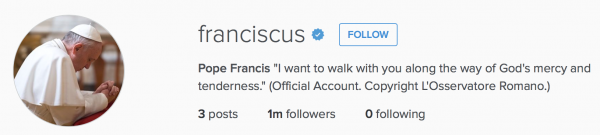 The new Instagram account, simply titled "franciscus," which is Latin for Francis, is copyrighted, not yet following anyone and has made 3 posts today thus far, including a video, below.