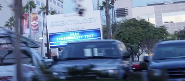 Sign in front of the Church of Scientology Los Angeles on L. Ron Hubbard Way: “What is Scientology?” Super Bowl Ad 2018
