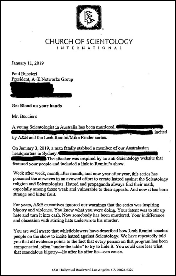 The letter sent to the president of A&E Networks, Paul Buccieri, by the Church of Scientology International on January 11, 2019.