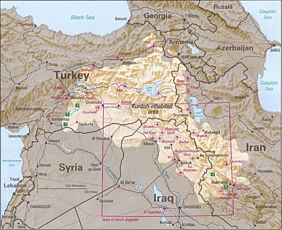 1992 map of Kurdish inhabited area in the Middle East