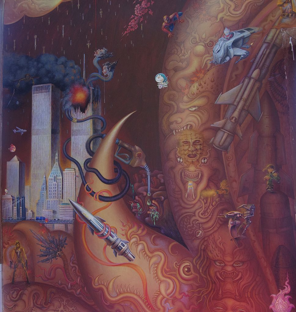 Une peinture murale d'événements modernes et de la culture pop à travers le prisme des traditions bouddhistes