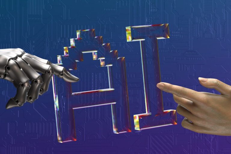 robot and human hands reaching toward ai text