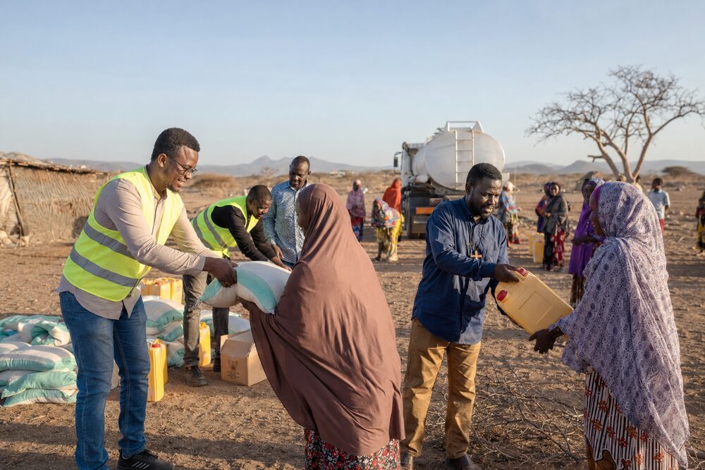 Muslim and Christian volunteers distribute food sacks and water containers to families in a dry northern Kenyan landscape.