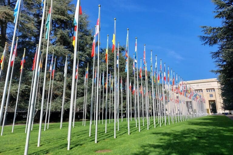 a row of flags in front of a building